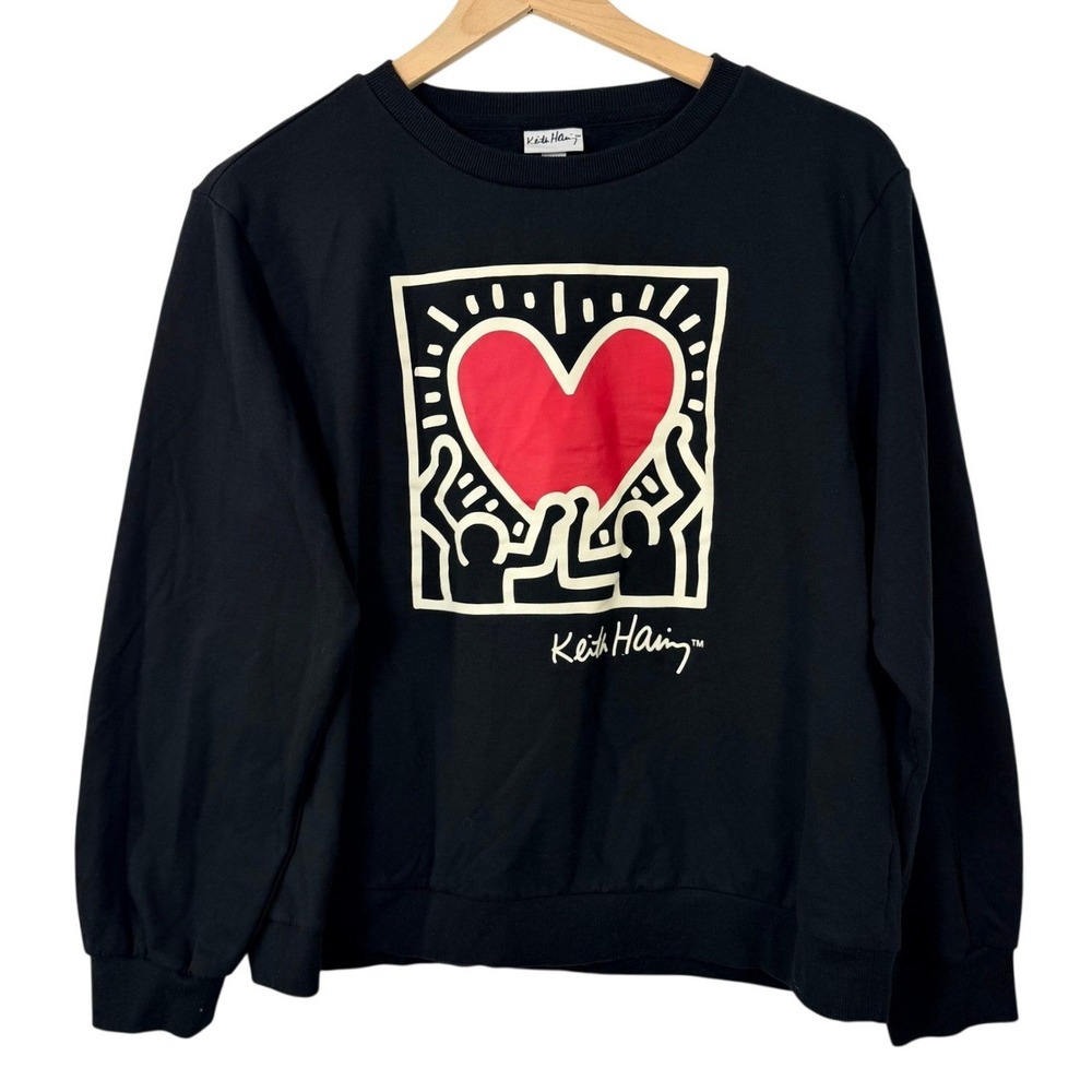 Keith Haring Heart Graphic Sweatshirt Black Crewneck Pullover Medium Art Pop